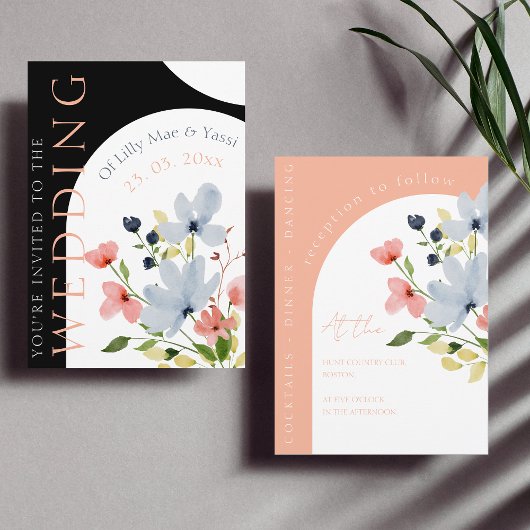 シンプルアーチブラックとピンクのフローラ結婚ズ 招待状