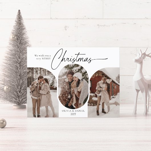 シンプルアーチ形3写真クリスマス シーズンポストカード