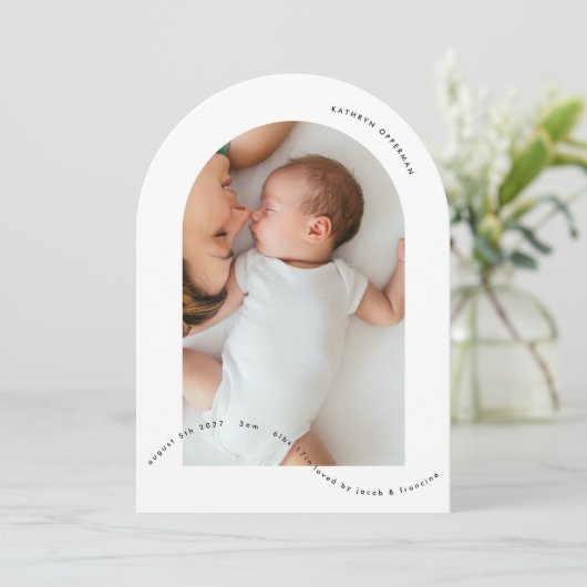 シンプルアーチ生まれたばかりの写真ベビー誕生発表 招待状 (スタンド正面)