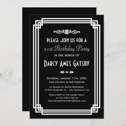 シンプルアールデコの白黒誕生日パーティー 招待状 (正面/裏面)