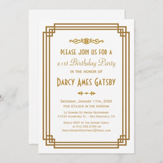 シンプルアールデコホワイトバースデーパーティー招待状 招待状 (正面/裏面)