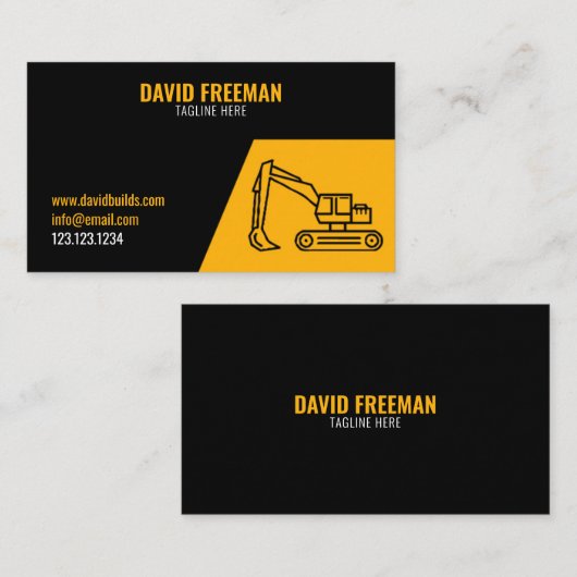 シンプルイエロおよびブラック掘削機建築 名刺 (正面/裏面)