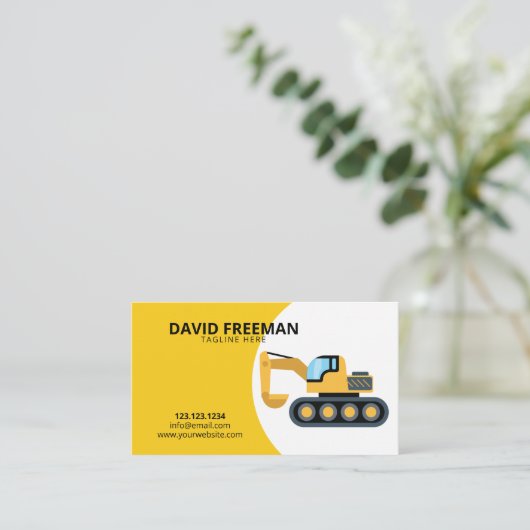 シンプルイエロおよびホワイトショベル建築 名刺 (スタンド正面)