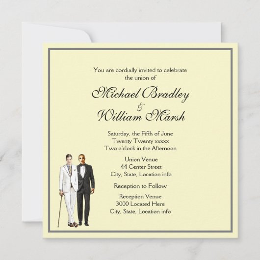 シンプルイエローグルーミングとグルーミングゲイ結婚式の招待 招待状 (正面)