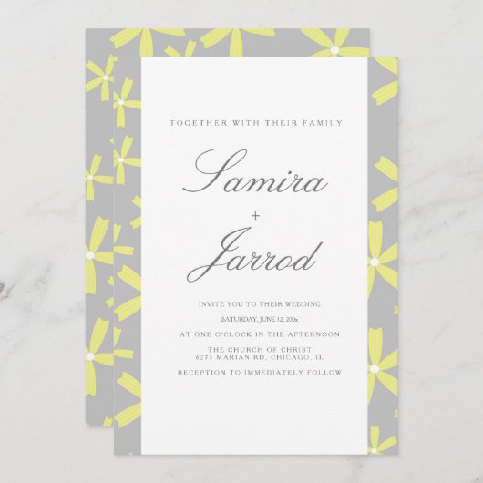 シンプルイエローグレー抽象芸術マーブル結婚ズ 招待状 (正面/裏面)