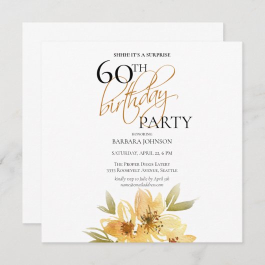 シンプルイエローサプライズイエローフローラ60誕生日 招待状 (正面/裏面)