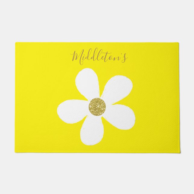 シンプルイエローホワイトデイジー金ゴールドファミリーパーソナル ドアマット (正面)