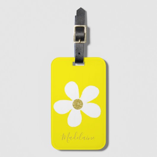 シンプルイエローホワイトデイジー金ゴールド個人旅行 ラゲッジタグ (正面縦)