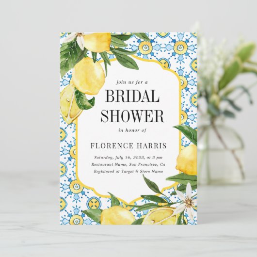 シンプルイエローレモン地中海のブライダルシャワー 招待状 (スタンド正面)