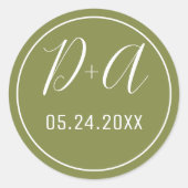 シンプルイニシャルエレガントオリーブグリ結婚ン ラウンドシール (正面)