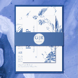 シンプルイニシャルエレガントブルー結婚ズ 招待状ベリーバンド