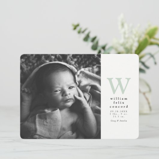 シンプルイニシャル1枚の写真緑の誕生発表 案内状 (スタンド正面)