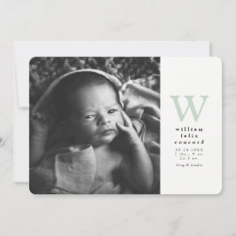 シンプルイニシャル1枚の写真緑の誕生発表 案内状