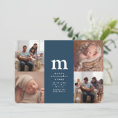 シンプルイニシャル4枚フォトコラージュネイビーブルー誕生 案内状 (スタンド正面)