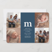 シンプルイニシャル4枚フォトコラージュネイビーブルー誕生 案内状 (正面)
