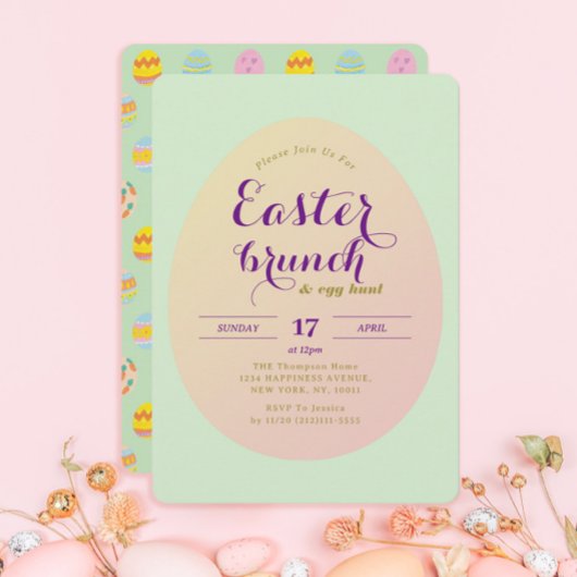 シンプルイースターブランチ卵狩りグリーンパープル 招待状