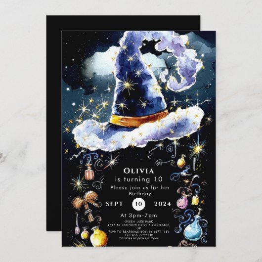 シンプルウィムシーカスタムウィザード誕生日 招待状 (正面/裏面)