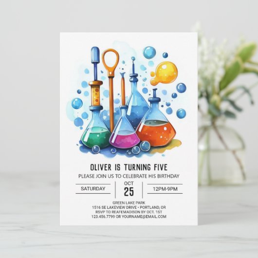 シンプルウィムシーフラスコ実験科学者誕生日 招待状 (スタンド正面)
