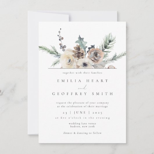 シンプルウィンターガーデンウッドランド結婚フローラ 招待状 (正面)