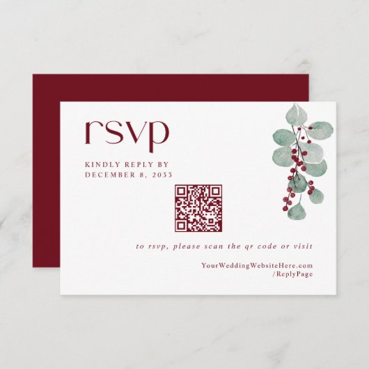 シンプルウィンターブルゴーニュ結婚ホリデーのQRコード 出欠カード (正面/裏面)