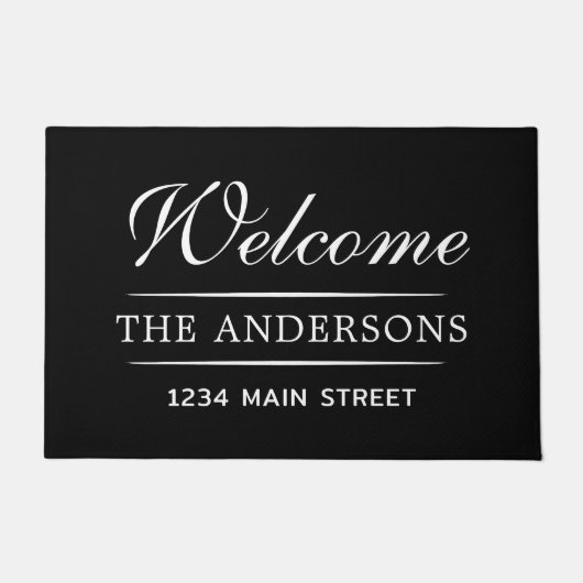 シンプルウェルカムブラックアンドホワパーソナライズされたイトファミリー ドアマット (正面)
