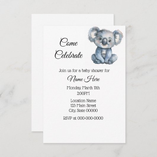 シンプルウォーターカラーコアラベビーシャワー 招待状 (正面/裏面)