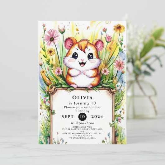 シンプルウォーターカラーハムスター誕生日 招待状 (スタンド正面)