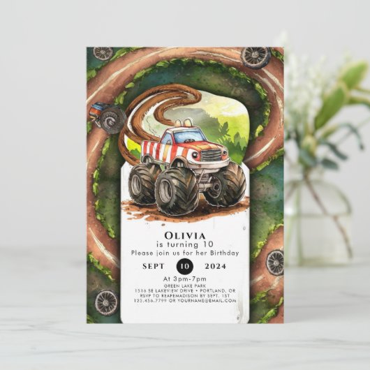 シンプルウォーター色モンスタートラック誕生日 招待状 (スタンド正面)