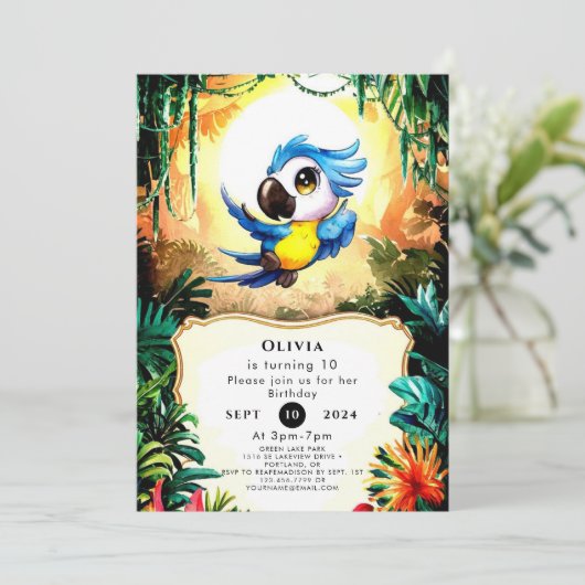シンプルウオーターカラーオウム誕生日 招待状 (スタンド正面)
