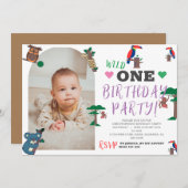 シンプルウッドランドアニマルズファースト誕生日招待状 シーズンカード (正面/裏面)