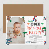 シンプルウッドランドアニマルズファースト誕生日招待状 シーズンカード (正面/裏面)