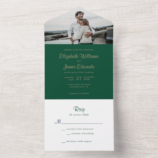 シンプルエメエレガントラルド緑金ゴールド写真結婚の オールインワン招待状 (内側)