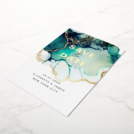 シンプルエメモダンラルドの緑の日付を保存 箔招待状 (回転した状態)