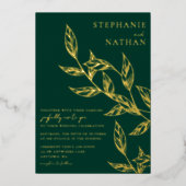 シンプルエメモダンロ葉ドグリーン結婚金ゴールド 箔招待状 (正面)