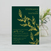 シンプルエメモダンロ葉ドグリーン結婚金ゴールド 箔招待状 (立ち正面)