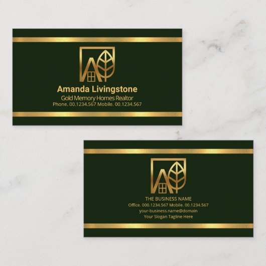 シンプルエメラルドグリーン金ゴールド縁ど不動産仲介業者 名刺 (正面/裏面)