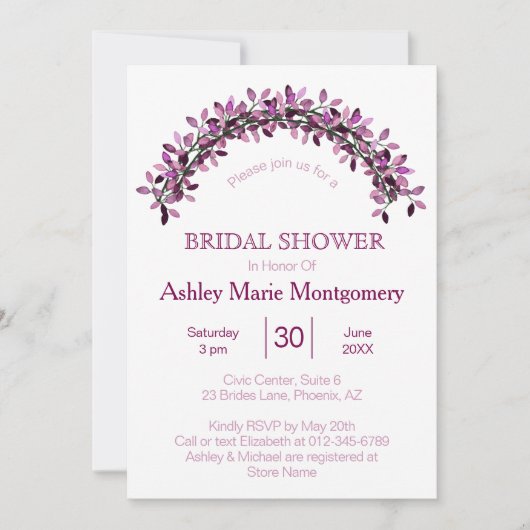 シンプルエレガンスパープルリーフィアーアーチブライダルシャワー 招待状 (正面)