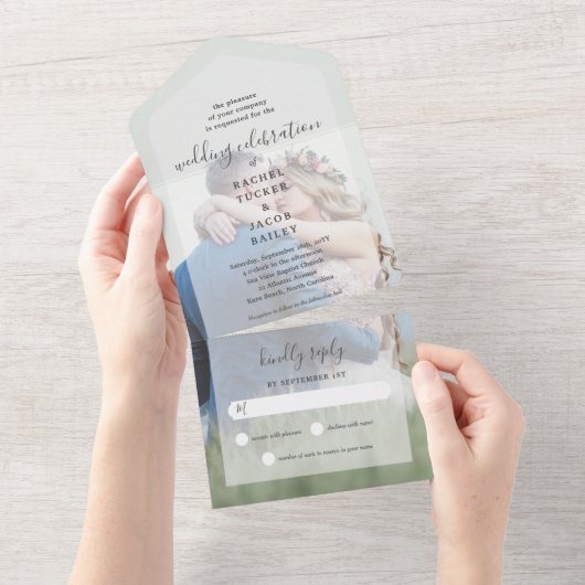 シンプルエレガンスフルフォトゴールドフォイル結婚ズ オールインワン招待状 (貼ってはがせる)