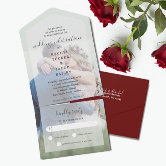 シンプルエレガンスフルフォトブルゴーニュ結婚レッド オールインワン招待状