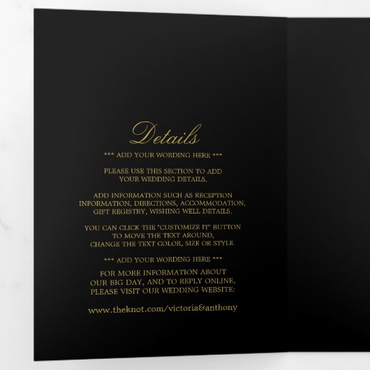 シンプルエレガンスブラック&金ゴールド結婚ズスイート 三つ折り招待状 (内部最初)