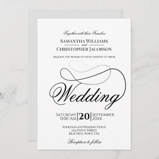 シンプルエレガンスミニマリストブラック&ホワイト結婚ズ 招待状 (正面/裏面)