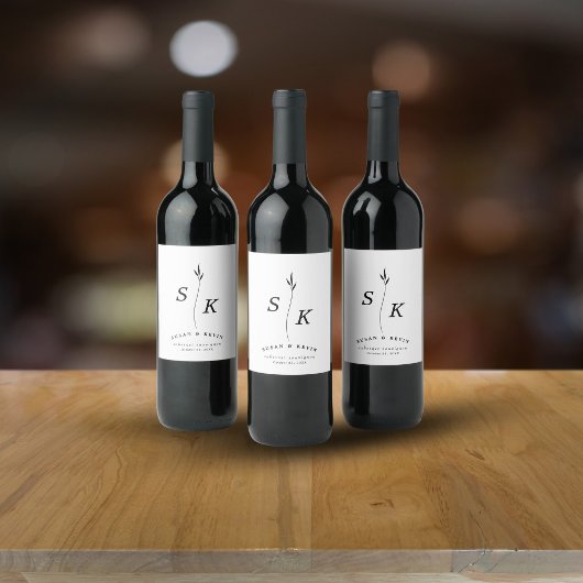 シンプルエレガンスリーフモノグラムシ結婚ック ワインラベル