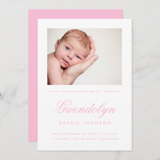 シンプルエレガンス写真少女の誕生発表証 案内状 (正面/裏面)