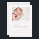 シンプルエレガンス写真少女の誕生発表証 案内状<br><div class="desc">白とピンクのデザインと独身のフォトウィンドウ。赤エレガントちゃんの女の子の名前のスクリプトで、すべての大文字でミドルネームとラストネーム。水玉模様バックはオプション。写真提供：ケイト・ウィリアムズ – stahrdust3 | Flickrクリエイティブコモンズ表示 – NoDerivs 2.0一般(CC BY-ND 2.0) https://creativecommons.org/licenses/by-nd/2.0/</div>