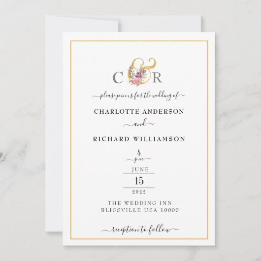 シンプルエレガンス、金ゴールドお縁どよびアンパサンド 招待状 (正面)