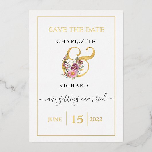 シンプルエレガンス、SAVE the DATE、装飾"&" 箔招待状 (正面)