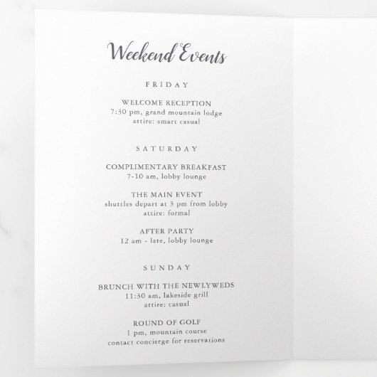 シンプルエレガントなウェディングウェルカムレター&旅程 三つ折りプログラム (内部最初)