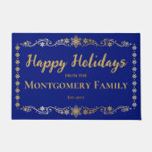 シンプルエレガントなスノーフレークスハッピーホリデーズネーム ドアマット (正面)