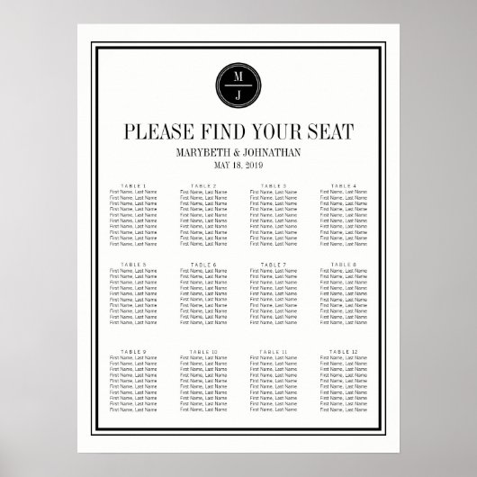 シンプルエレガントな結婚式の座席図記号 ポスター (正面)