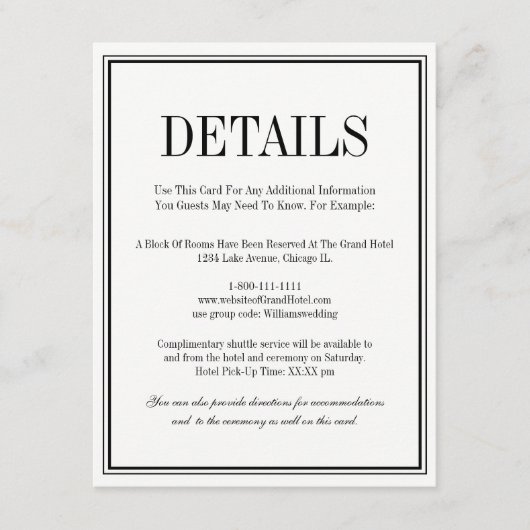 シンプルエレガントな結婚式詳細カード エンクロージャーカード (正面)